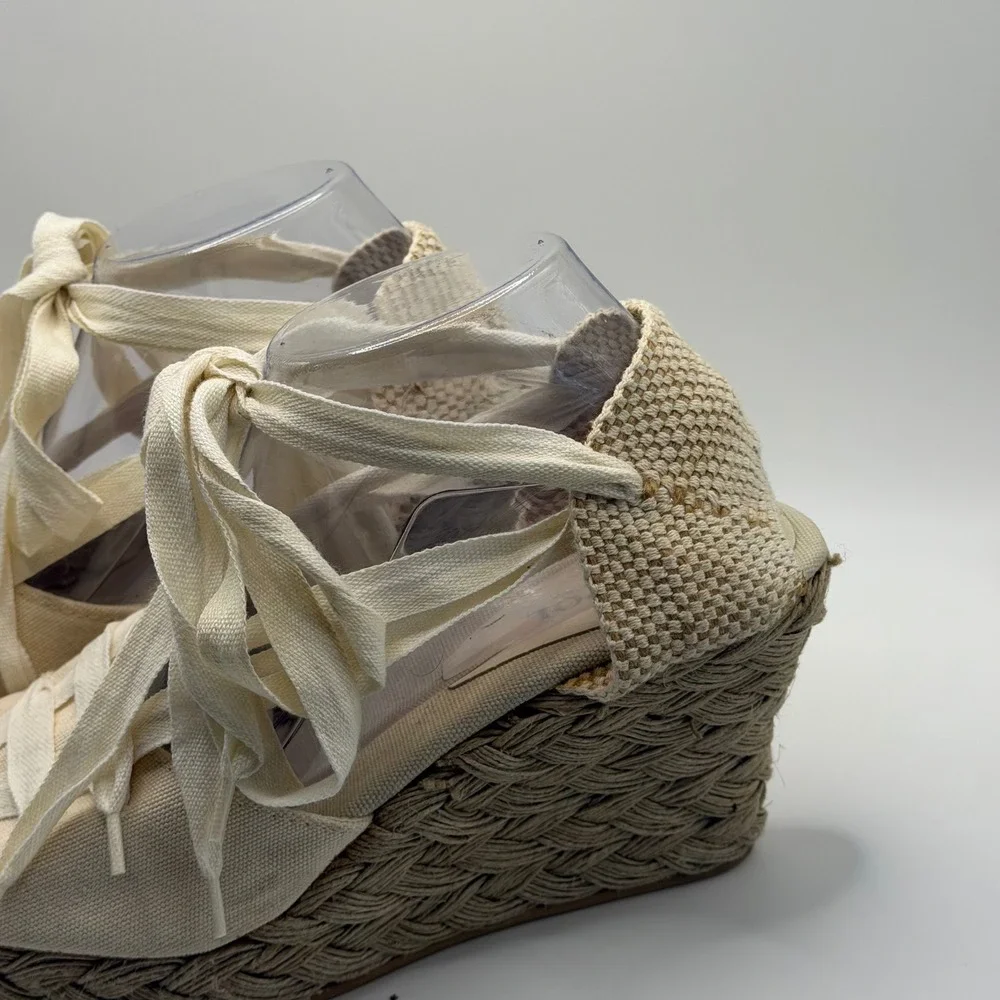 Castañer Canvas Lace Up Espadrille Wedge Sandals Cream Beige Ribbon Tie